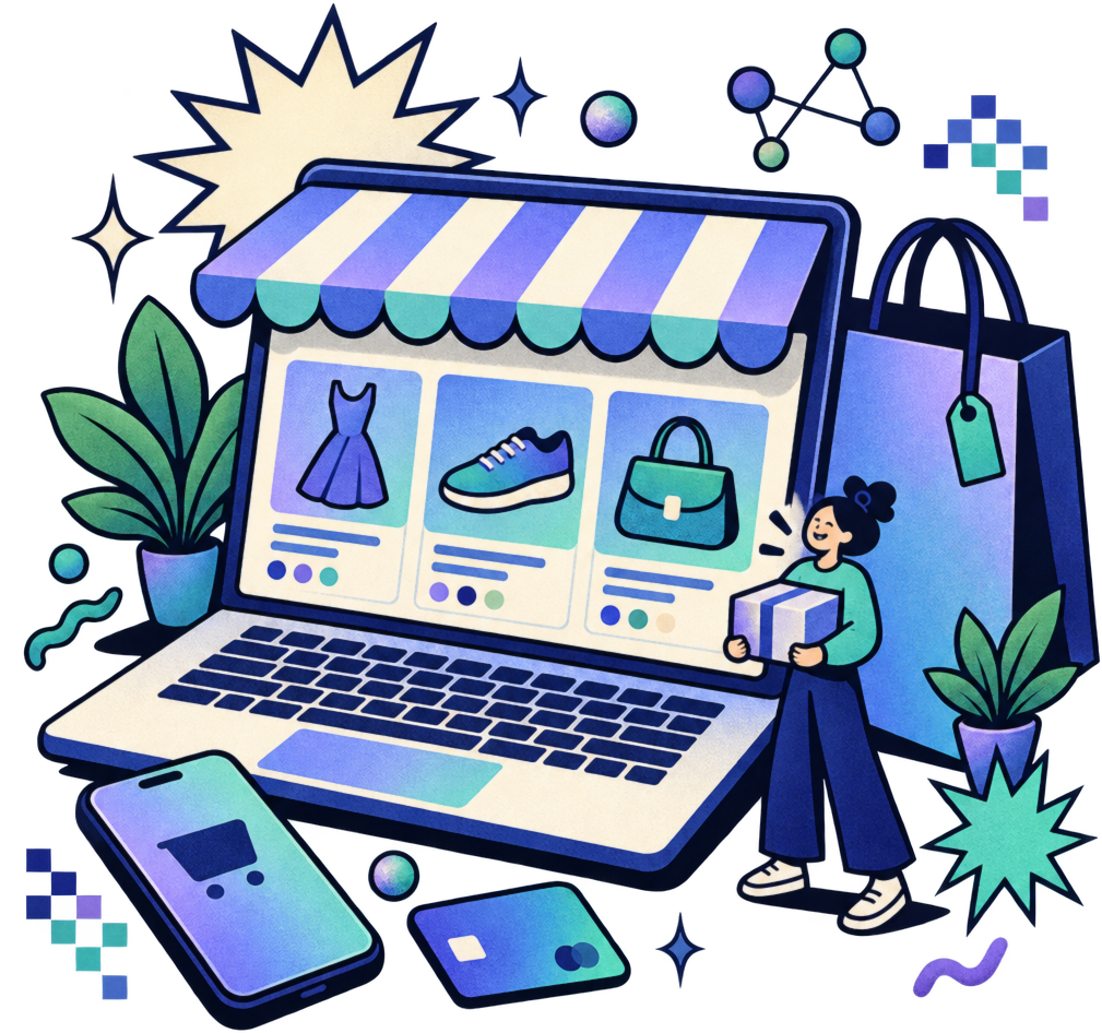 A shopper celebrating next to an online store shown on a laptop screen