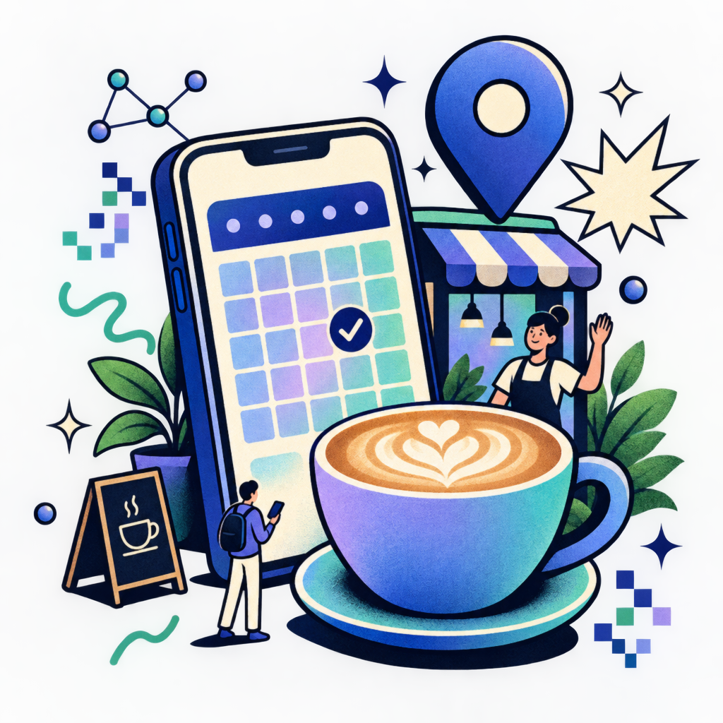 A café owner waving beside a phone showing an online booking calendar and a cup of coffee