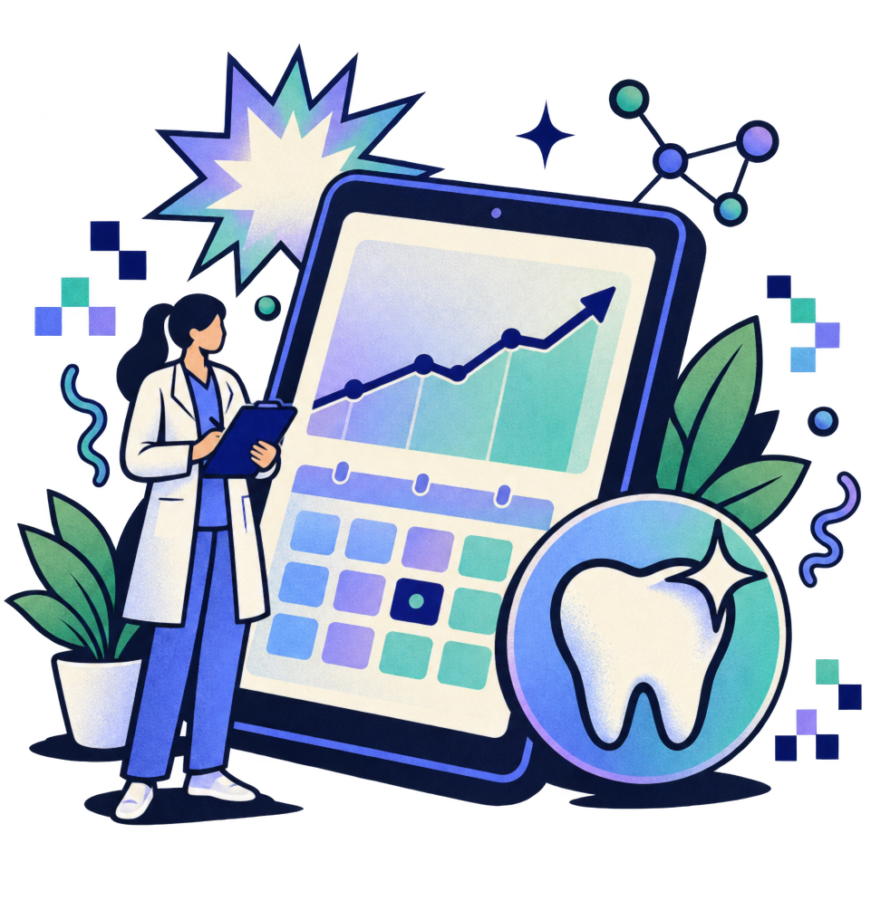 A clinician pointing at a rising chart on a tablet next to a healthy-tooth icon